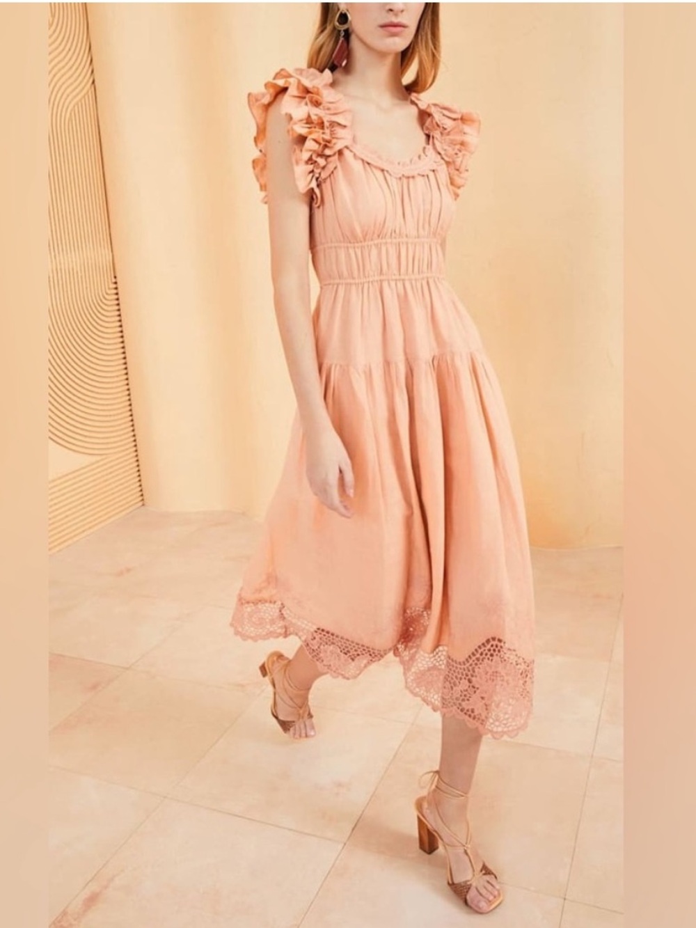 ULLA JOHNSON Leona Midi Dress Azelea Linen Blend Tiered‎ Pleated Size US 2 Lace
